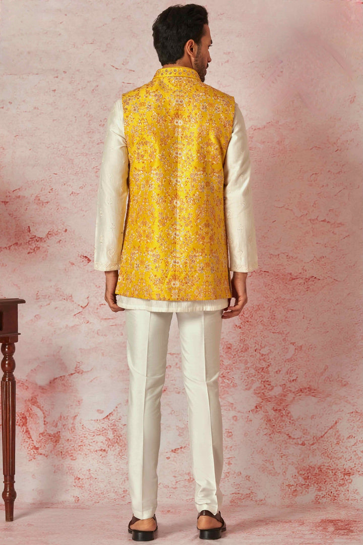 Ashim Gulati in Mustard Raw Silk Long Bundi with Cream Silk Short Kurta