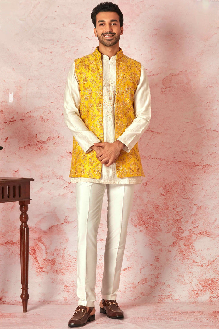 Ashim Gulati in Mustard Raw Silk Long Bundi with Cream Silk Short Kurta