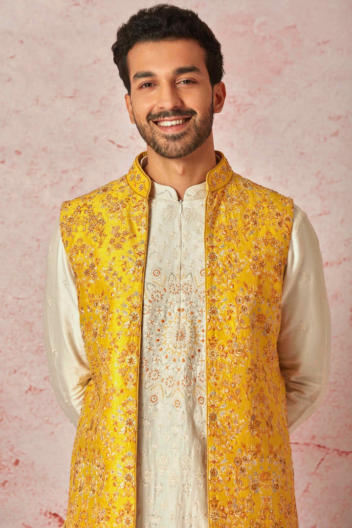 Ashim Gulati in Mustard Raw Silk Long Bundi with Cream Silk Short Kurta