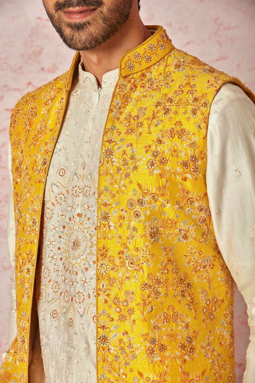 Ashim Gulati in Mustard Raw Silk Long Bundi with Cream Silk Short Kurta