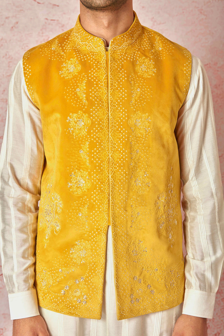 Mustard Velvet Bundi and Silk Kurta Set