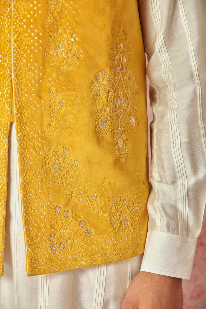 Mustard Velvet Bundi and Silk Kurta Set