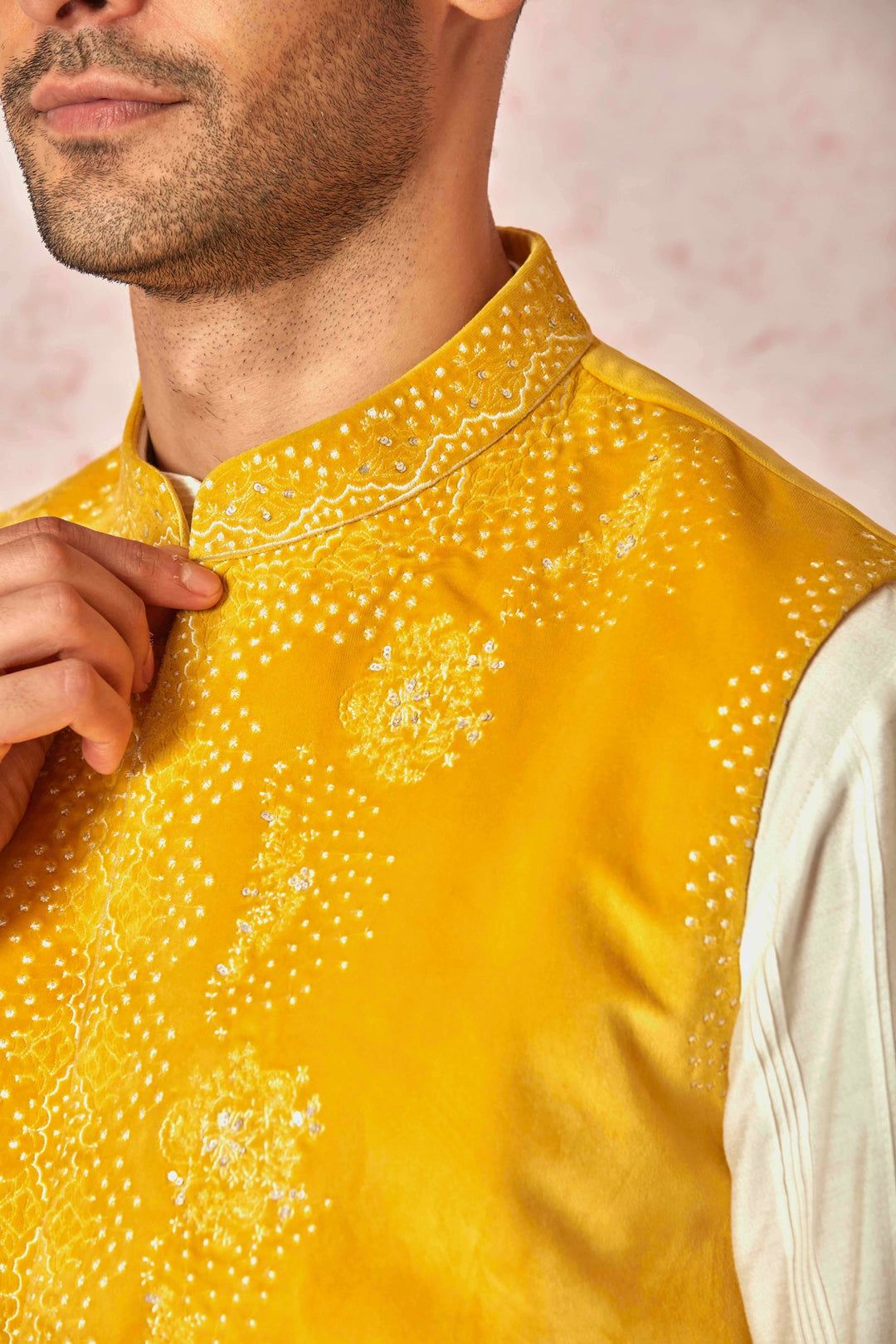 Mustard Velvet Bundi and Silk Kurta Set