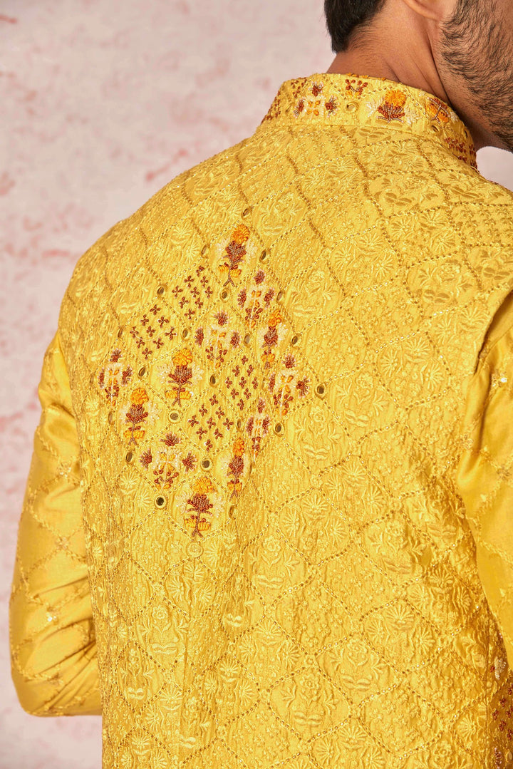 Haldi Mustard Embroidered Chanderi Silk Kurta Bundi Set