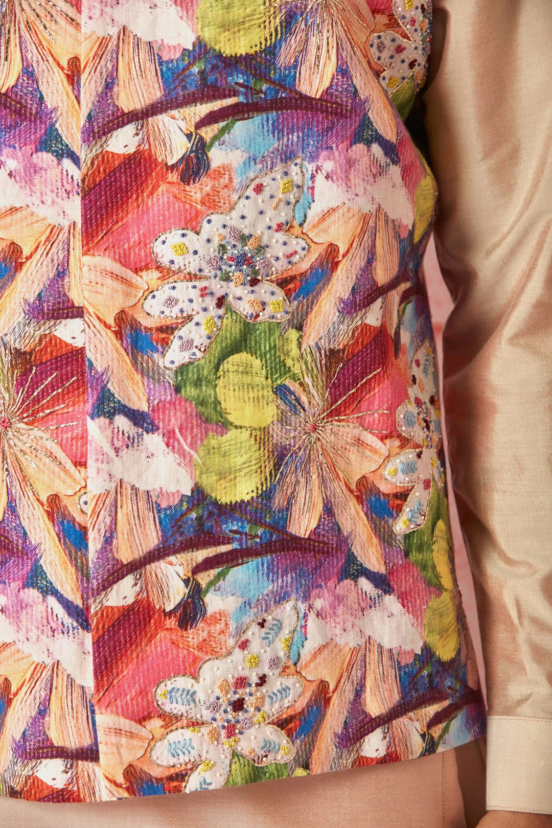 Peach Linen Bundi and Silk Kurta Set with Floral Print