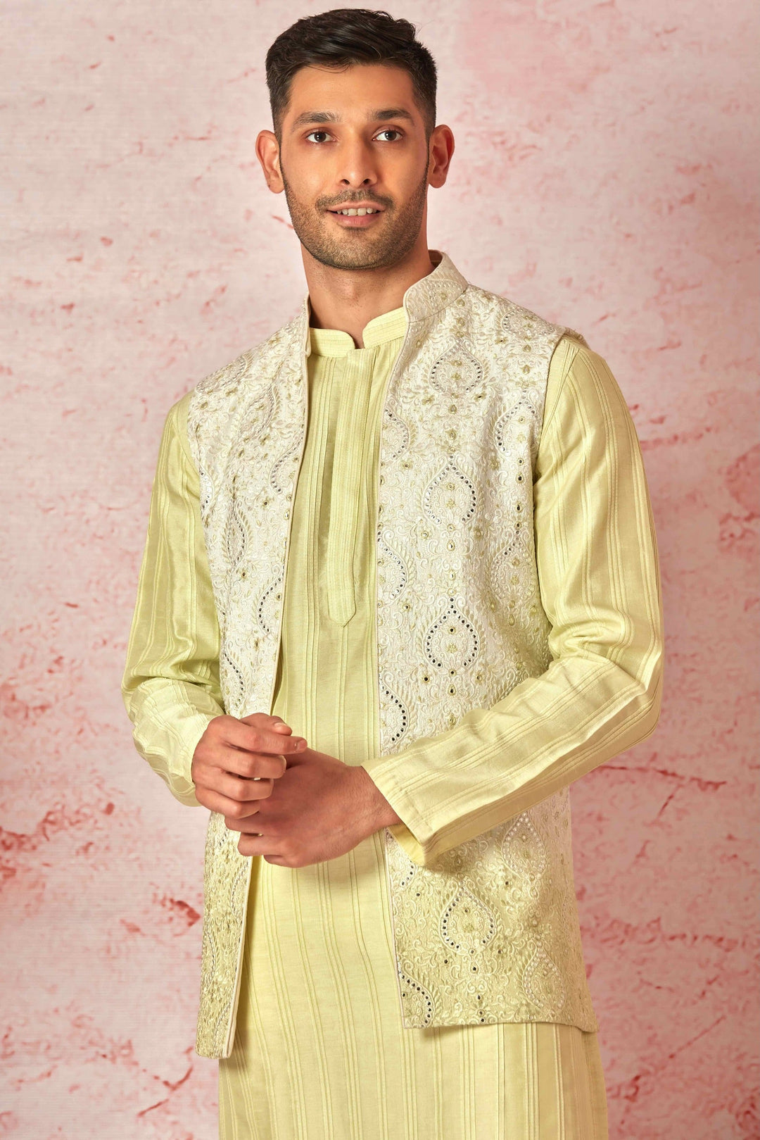 Lime Tie Dye Silk Long Open Kurta Bundi Set