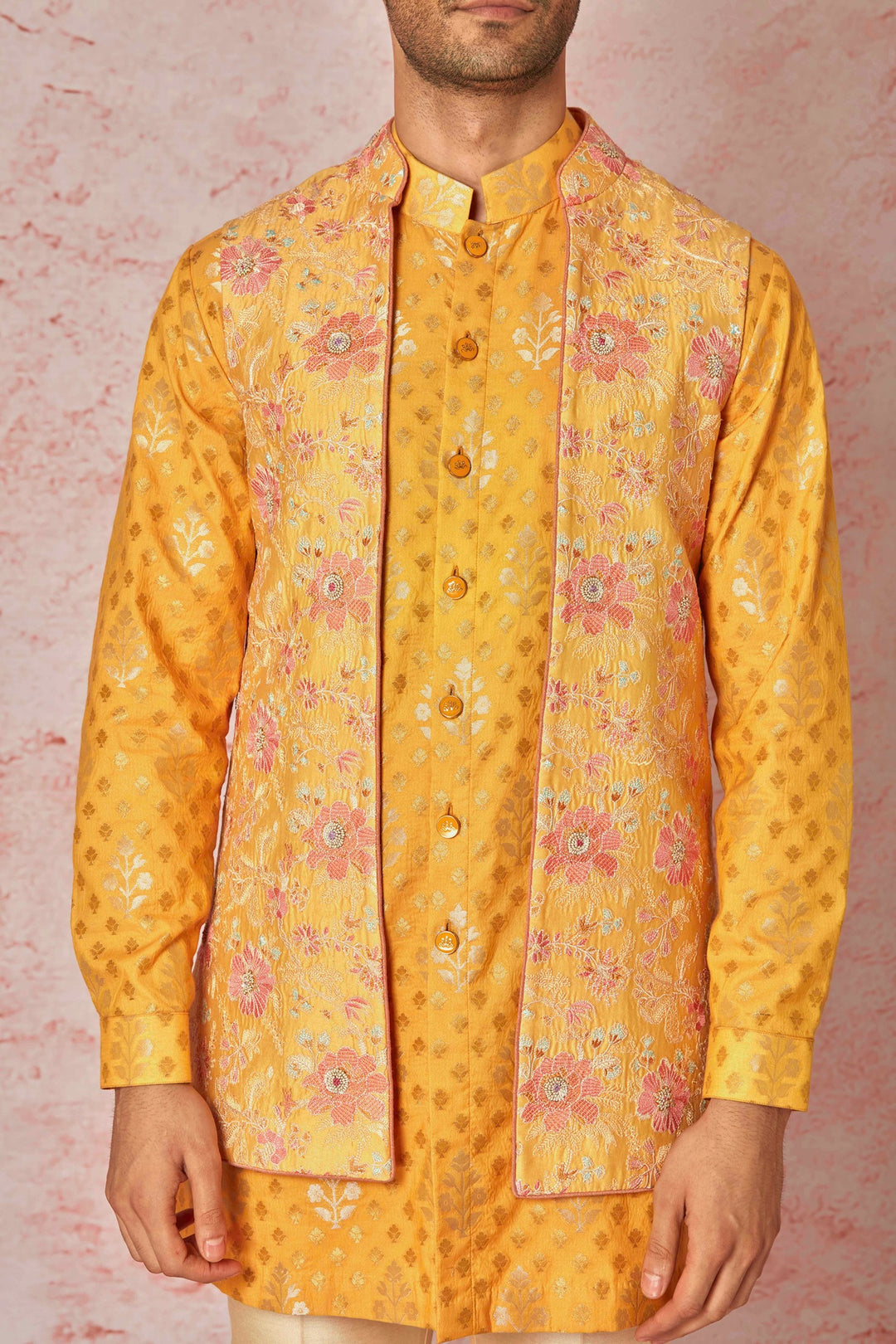 Orange Jacquard Silk Leaf Motif Kurta Bundi Set