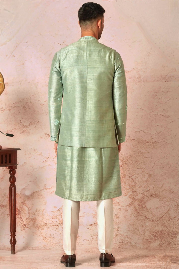 Green Raw Silk Open Bundi Set with Resham and Mirror Embroidery