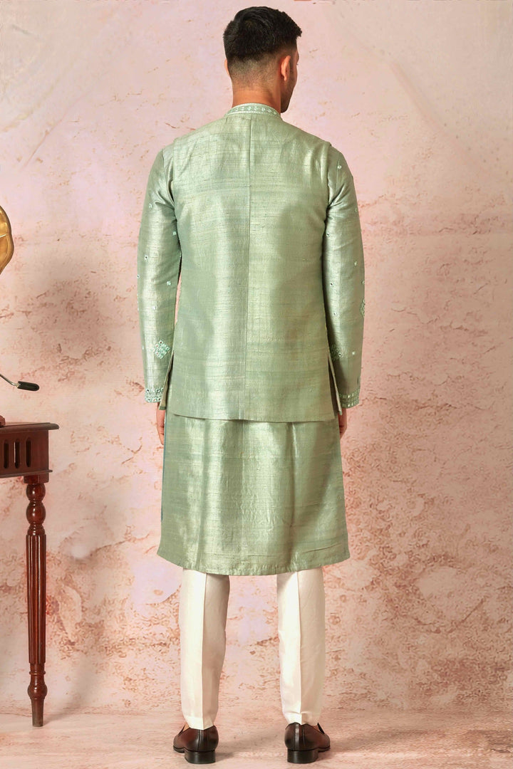 Green Raw Silk Open Bundi Set with Resham and Mirror