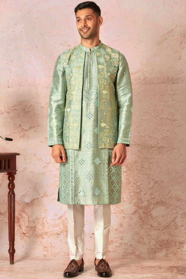 Green Raw Silk Open Bundi Set with Resham and Mirror