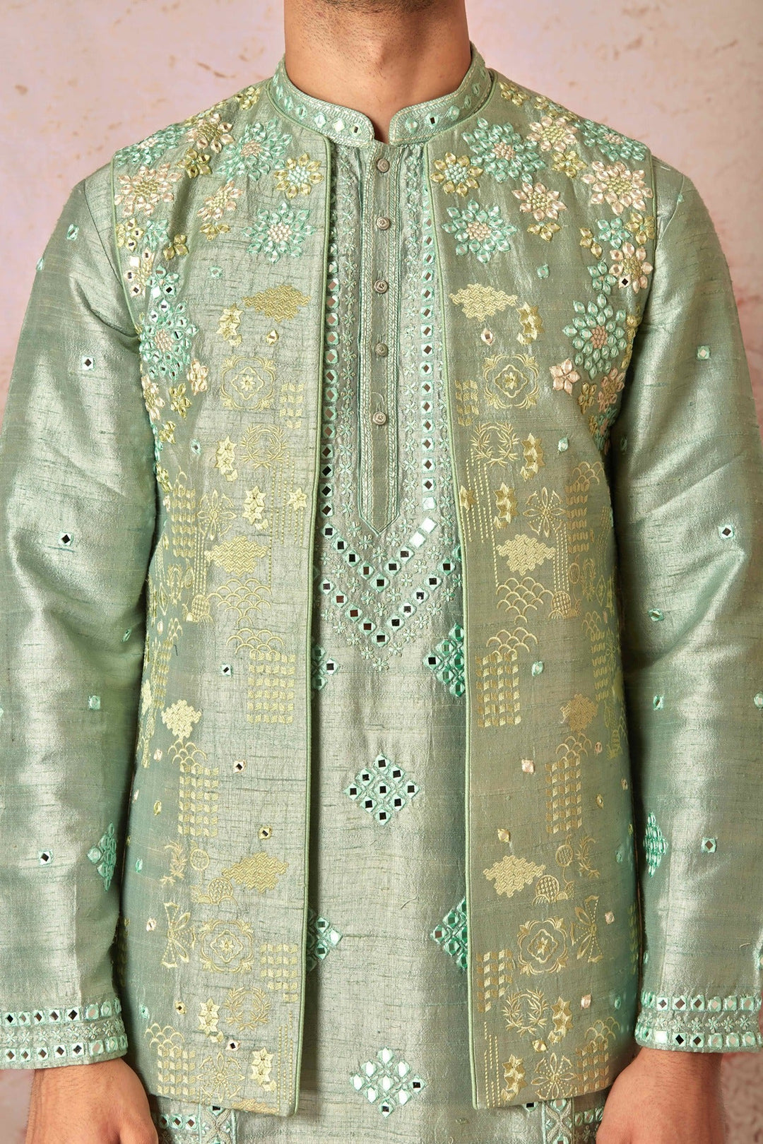 Green Raw Silk Open Bundi Set with Resham and Mirror