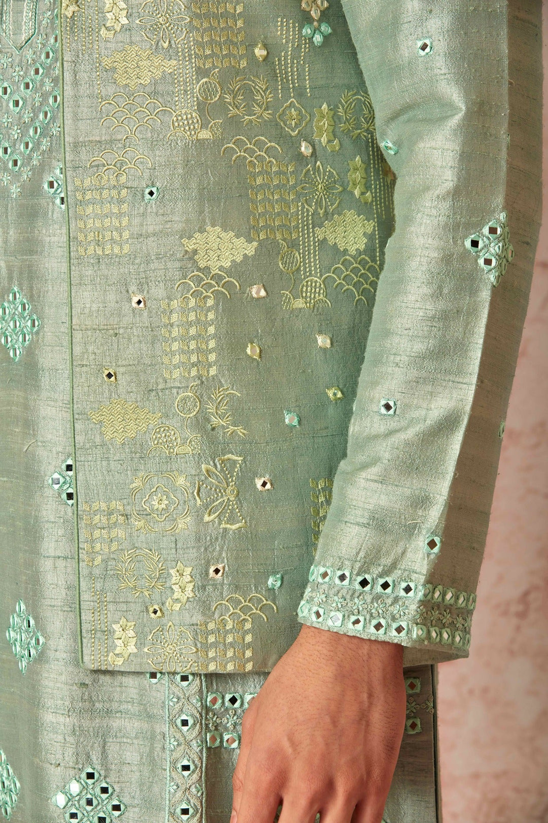 Green Raw Silk Open Bundi Set with Resham and Mirror