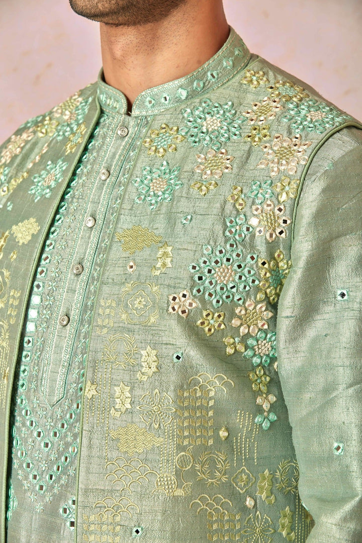 Green Raw Silk Open Bundi Set with Resham and Mirror