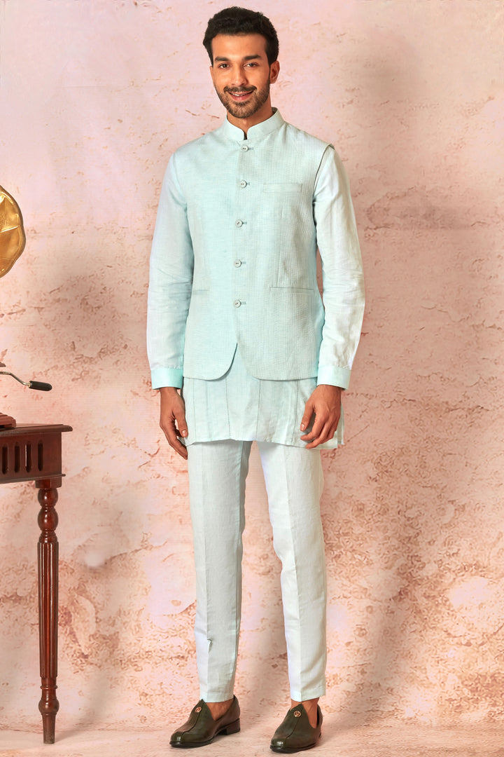 Linen Tie Dye Sky Blue Kurta and Bundi Set