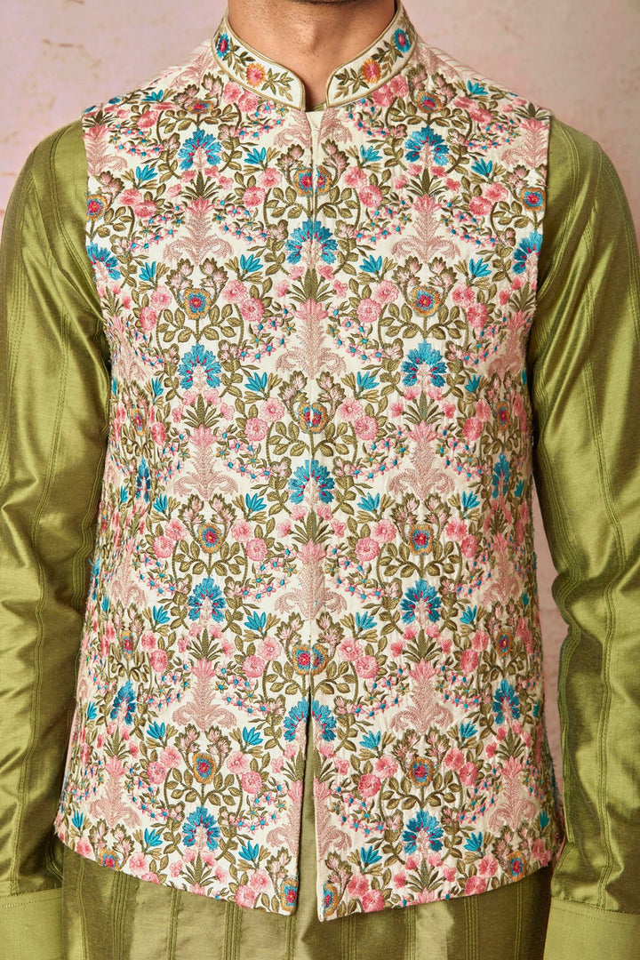Multicolour Floral Embroidered Chanderi Silk Kurta Bundi Set