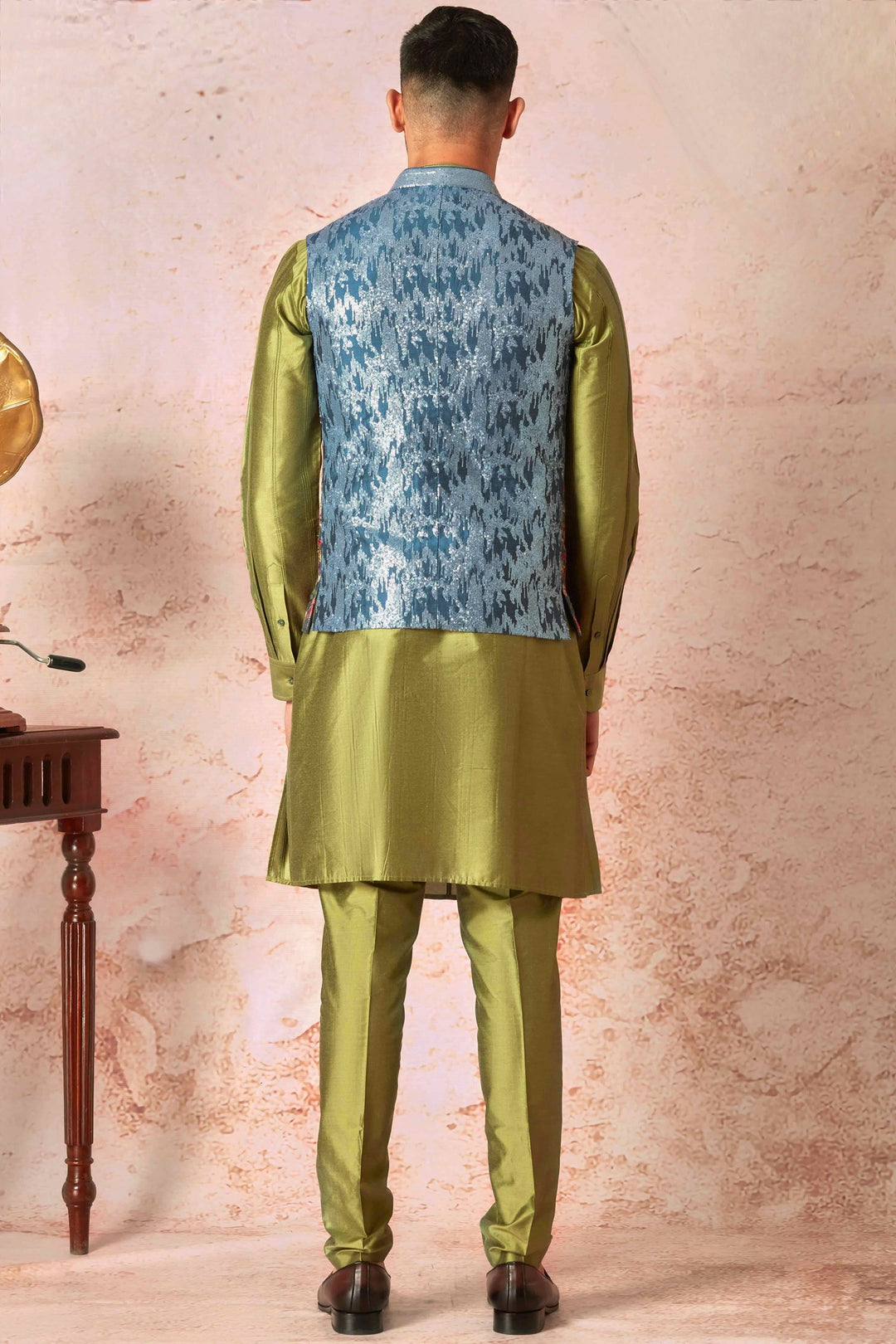 Turquoise Sequin Adorned Bundi Set with Olive Green Chanderi Kurta