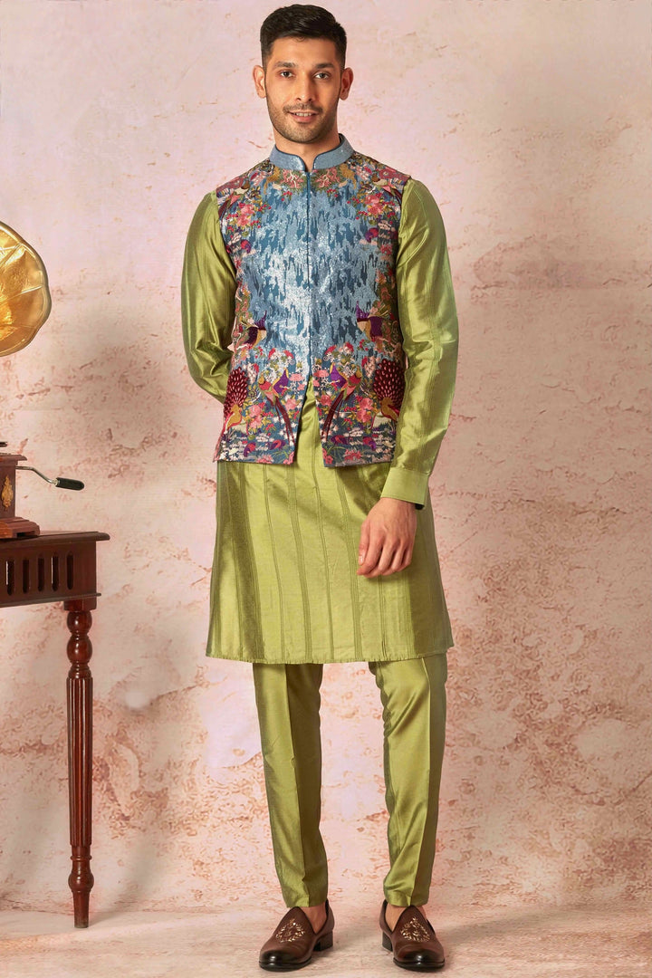 Turquoise Sequin Adorned Bundi Set with Olive Green Kurta
