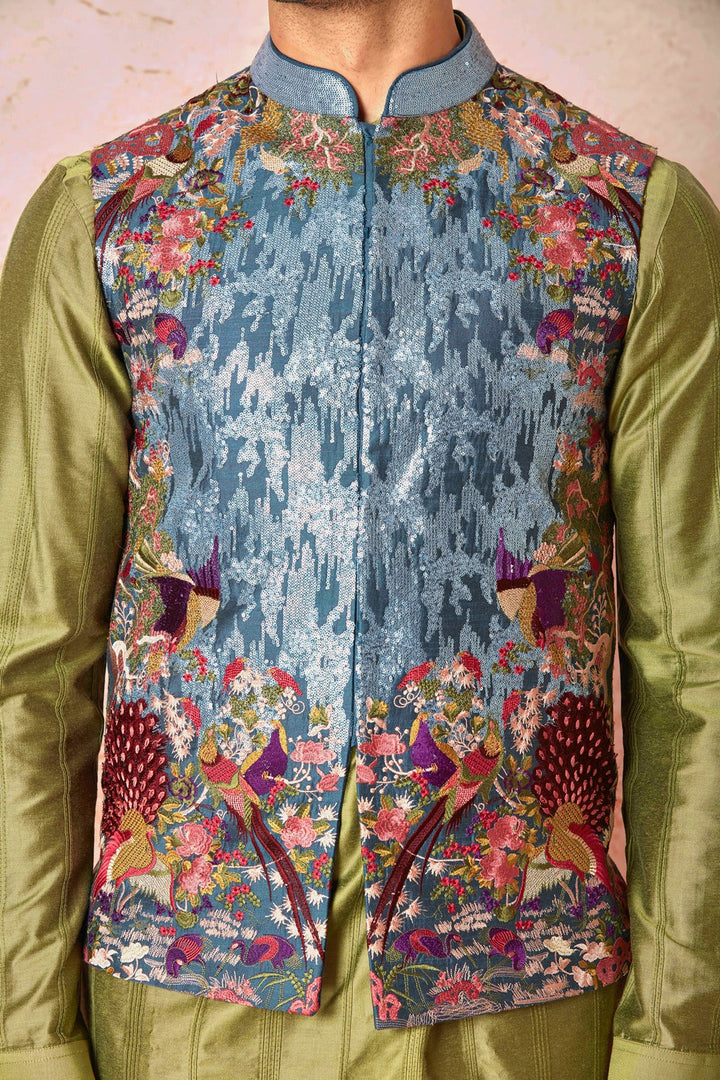 Turquoise Sequin Adorned Bundi Set with Olive Green Kurta