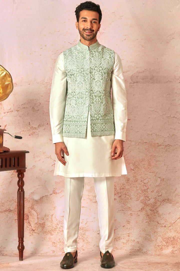 Heritage Mint Green Bundi Set with Cream Chanderi Kurta