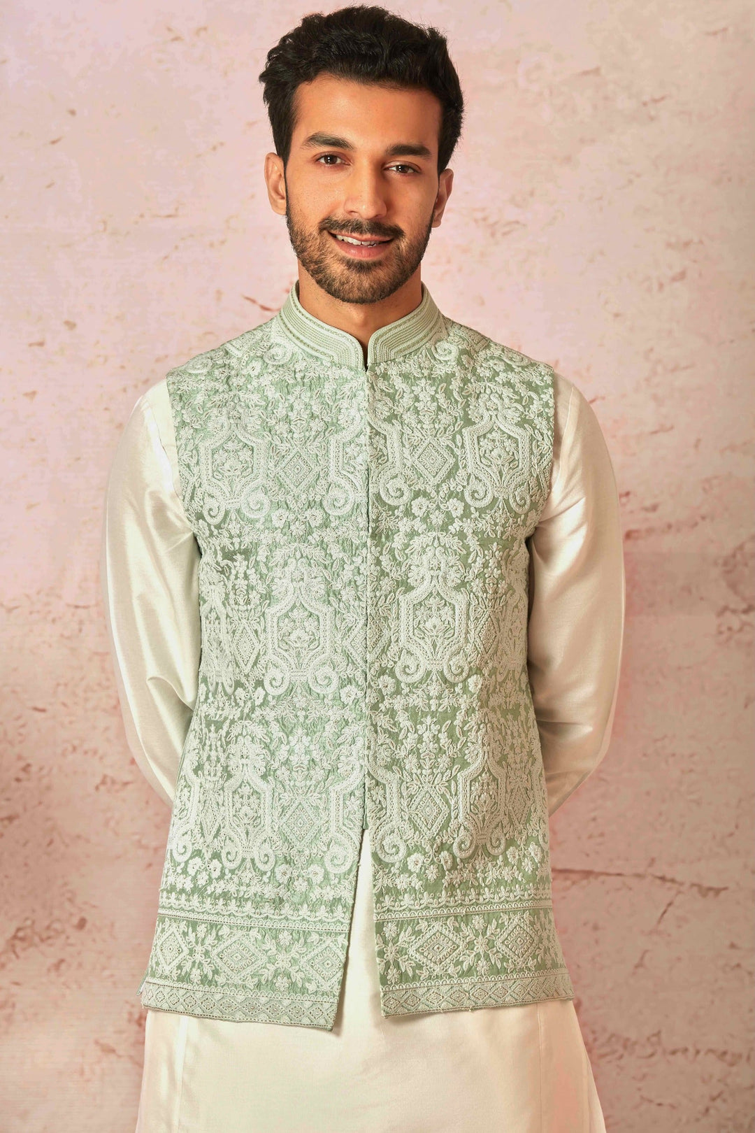 Heritage Mint Green Bundi Set with Cream Chanderi Kurta