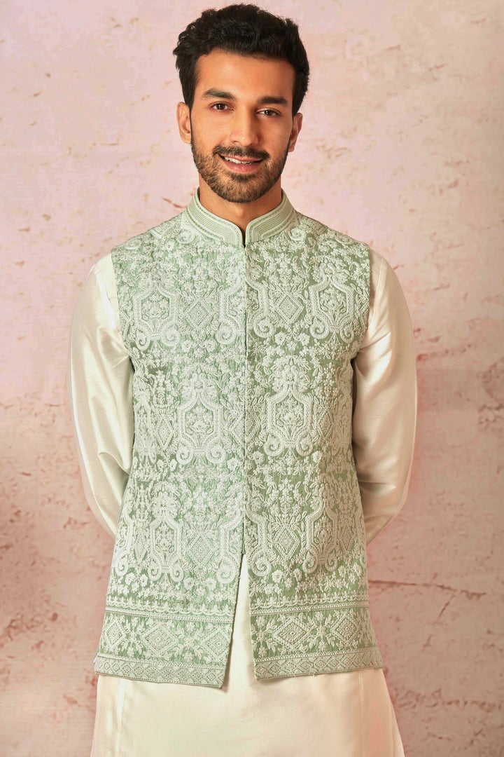 Heritage Mint Green Bundi Set with Cream Chanderi Kurta