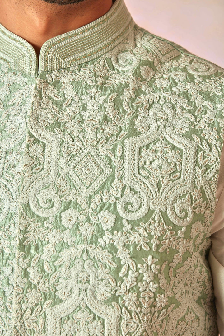 Heritage Mint Green Bundi Set with Cream Chanderi Kurta