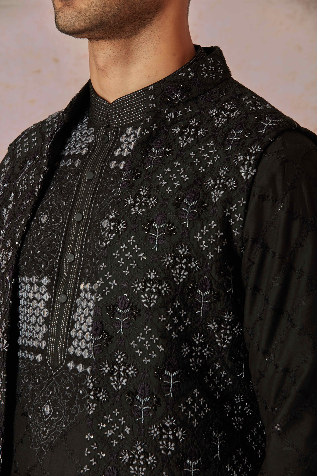 Midnight Embroidered Black Silk Bundi & Floral Kurta Set
