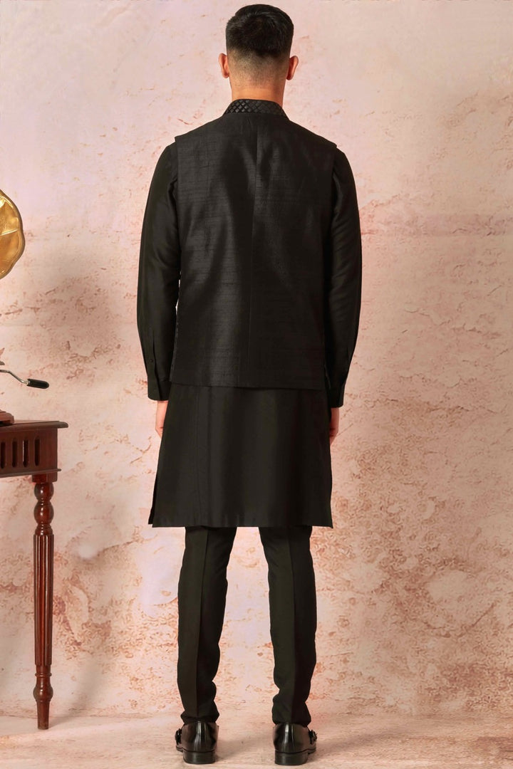 Sleek Black Silk Bundi & Leather Embellished Kurta Set