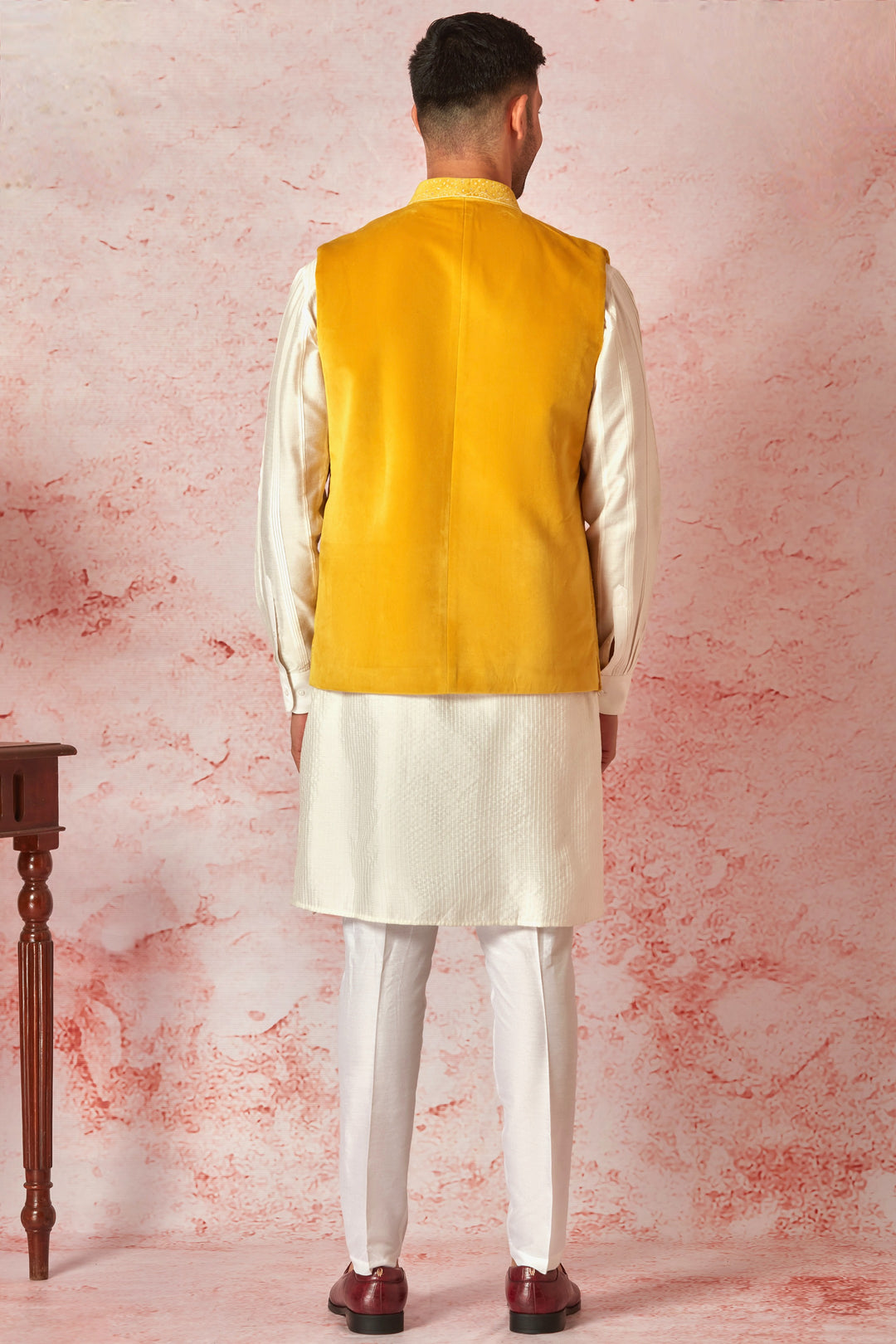 Mustard Velvet Bundi and Silk Kurta Set