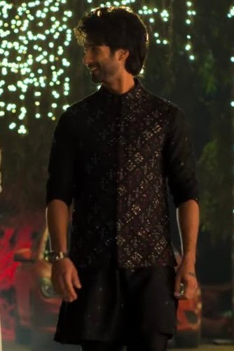 Shahid Kapoor in Geometric Black Silk Kurta Bundi Set