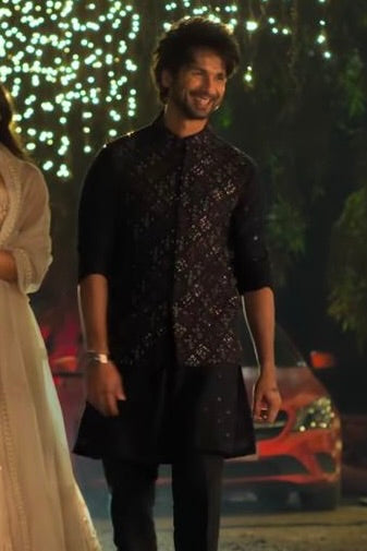 Shahid Kapoor in Geometric Black Silk Kurta Bundi Set