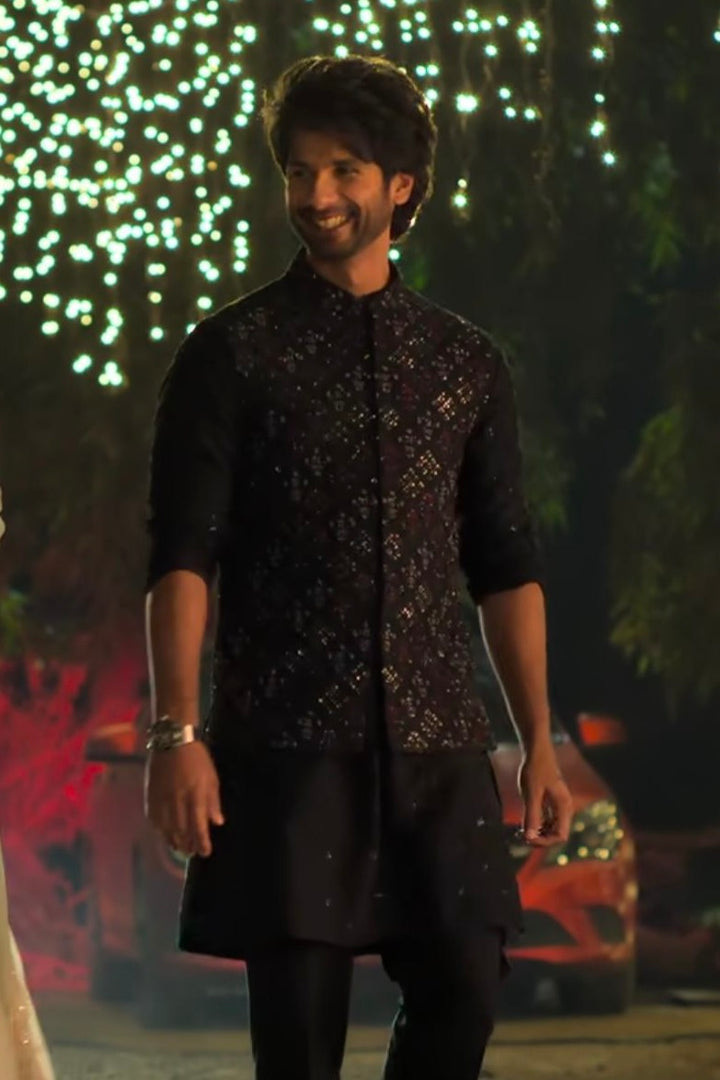 Shahid Kapoor in Geometric Black Silk Kurta Bundi Set