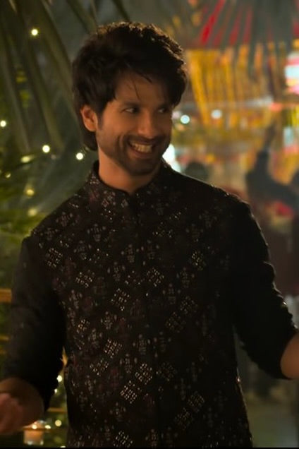 Shahid Kapoor in Geometric Black Silk Kurta Bundi Set