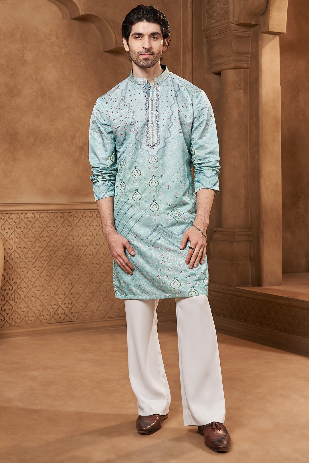 Aqua Bandhani Print Linen Satin Kurta Set