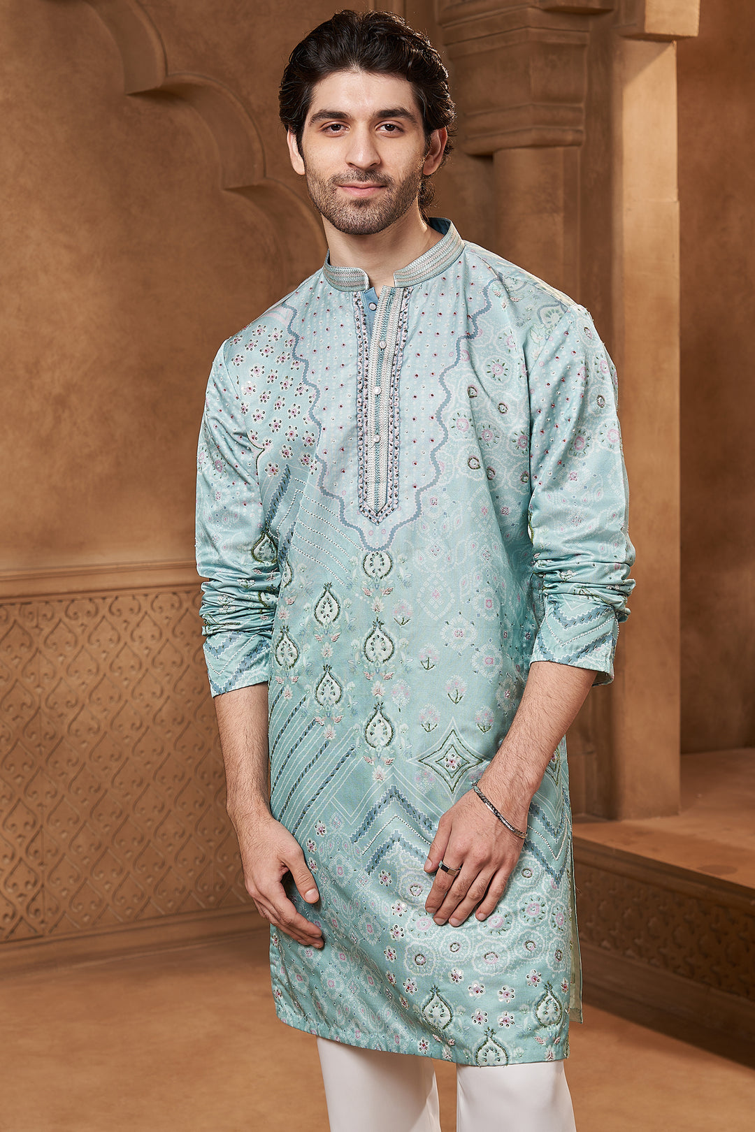 Aqua Bandhani Print Linen Satin Kurta Set