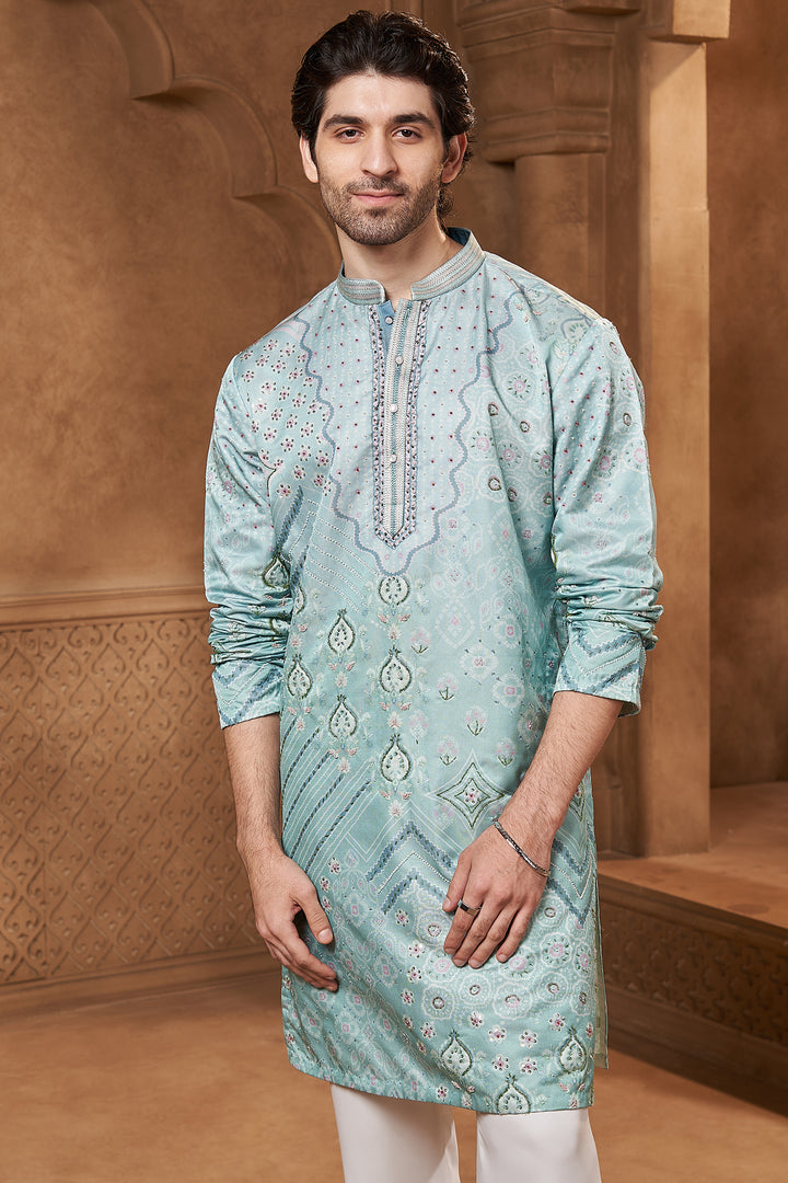 Aqua Bandhani Print Linen Satin Kurta Set