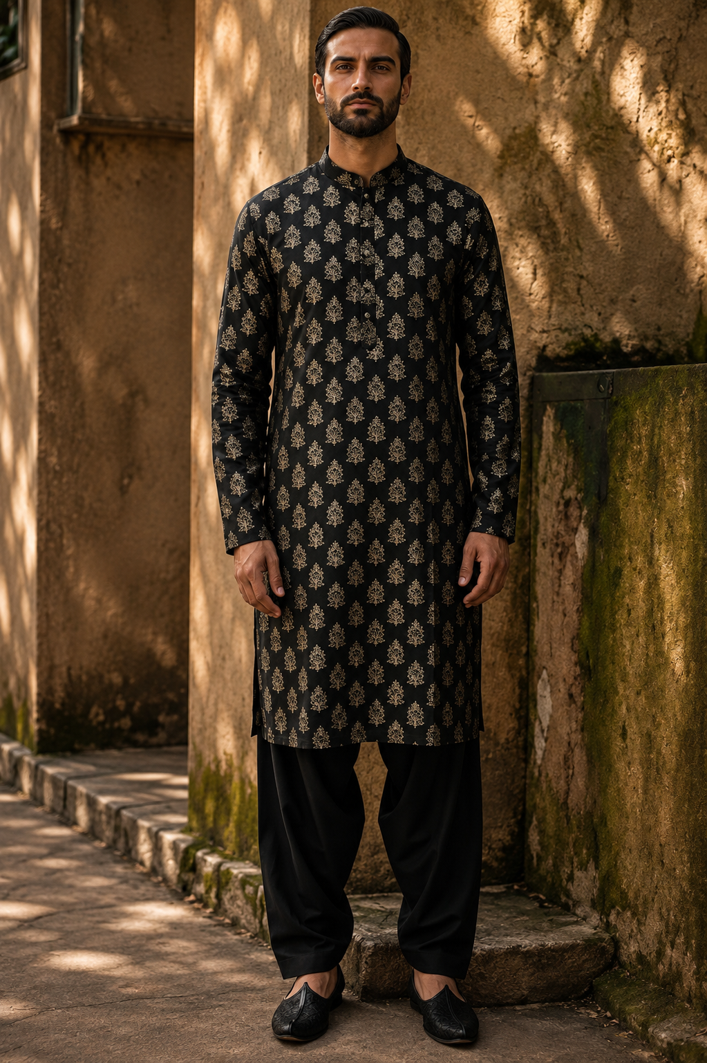 Black Block Print Kurta Set