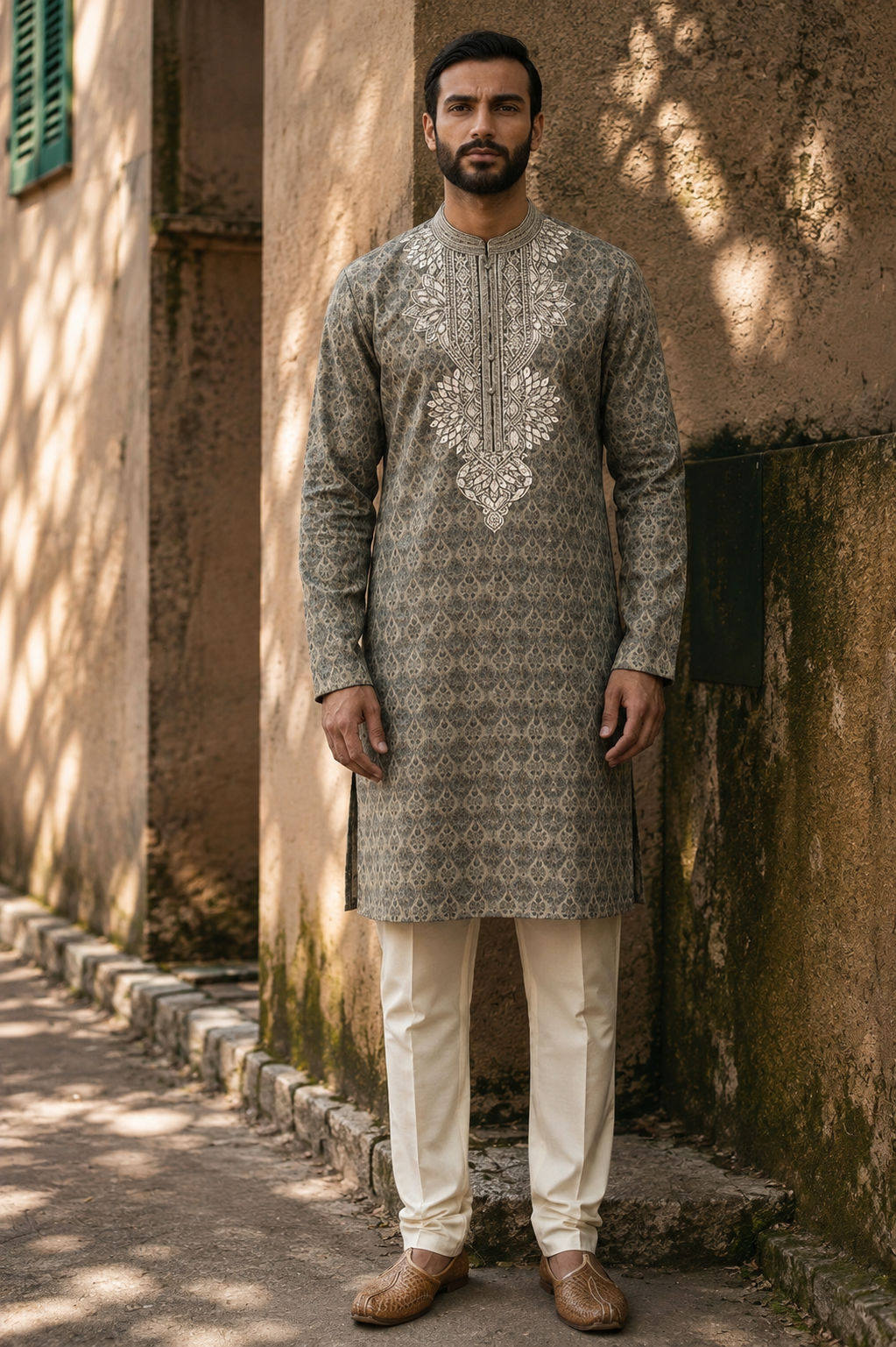 Khaki & Gold Jacquard Embroidered Kurta Set