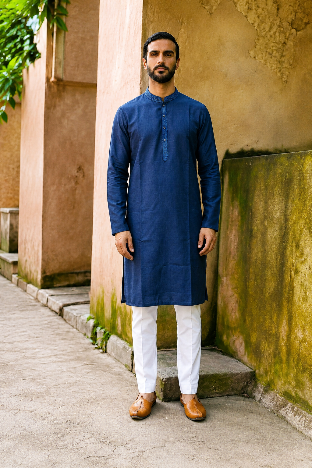 Navy Blue Self Textured Kurta Set