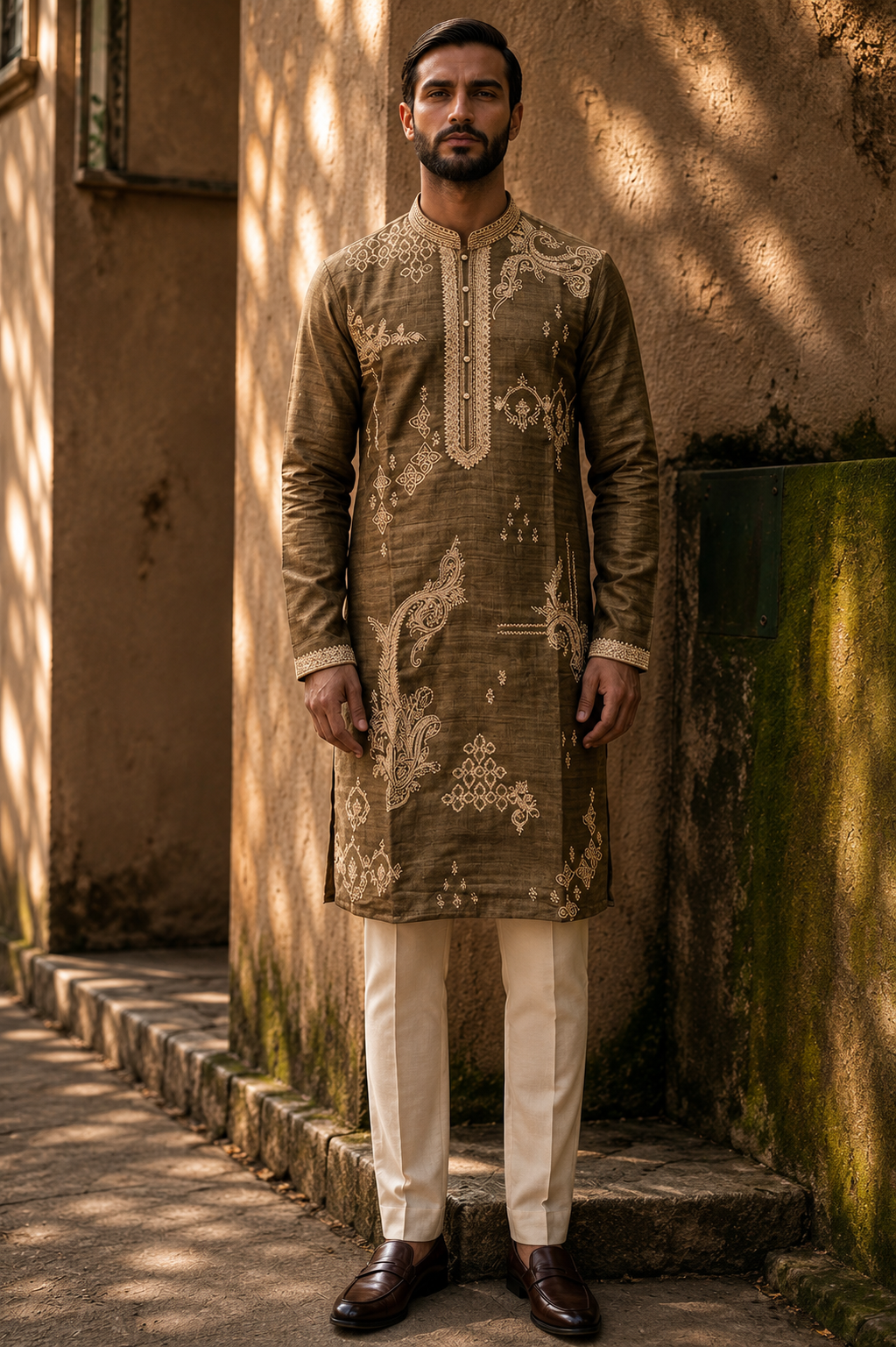 Olive Green Thread Embroidered Kurta Set