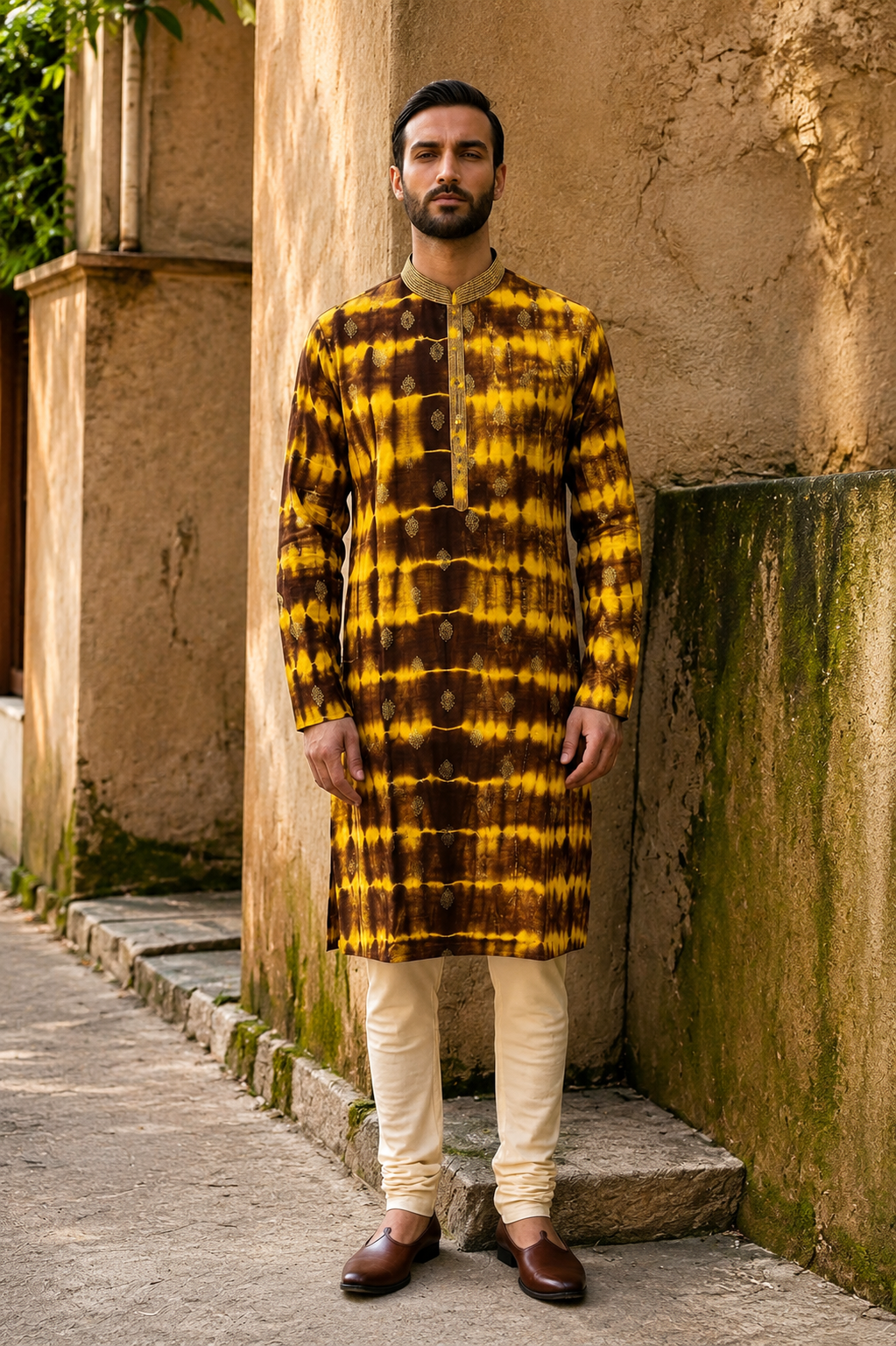 Brown & Yellow Shibori Tie-Dye Kurta Set