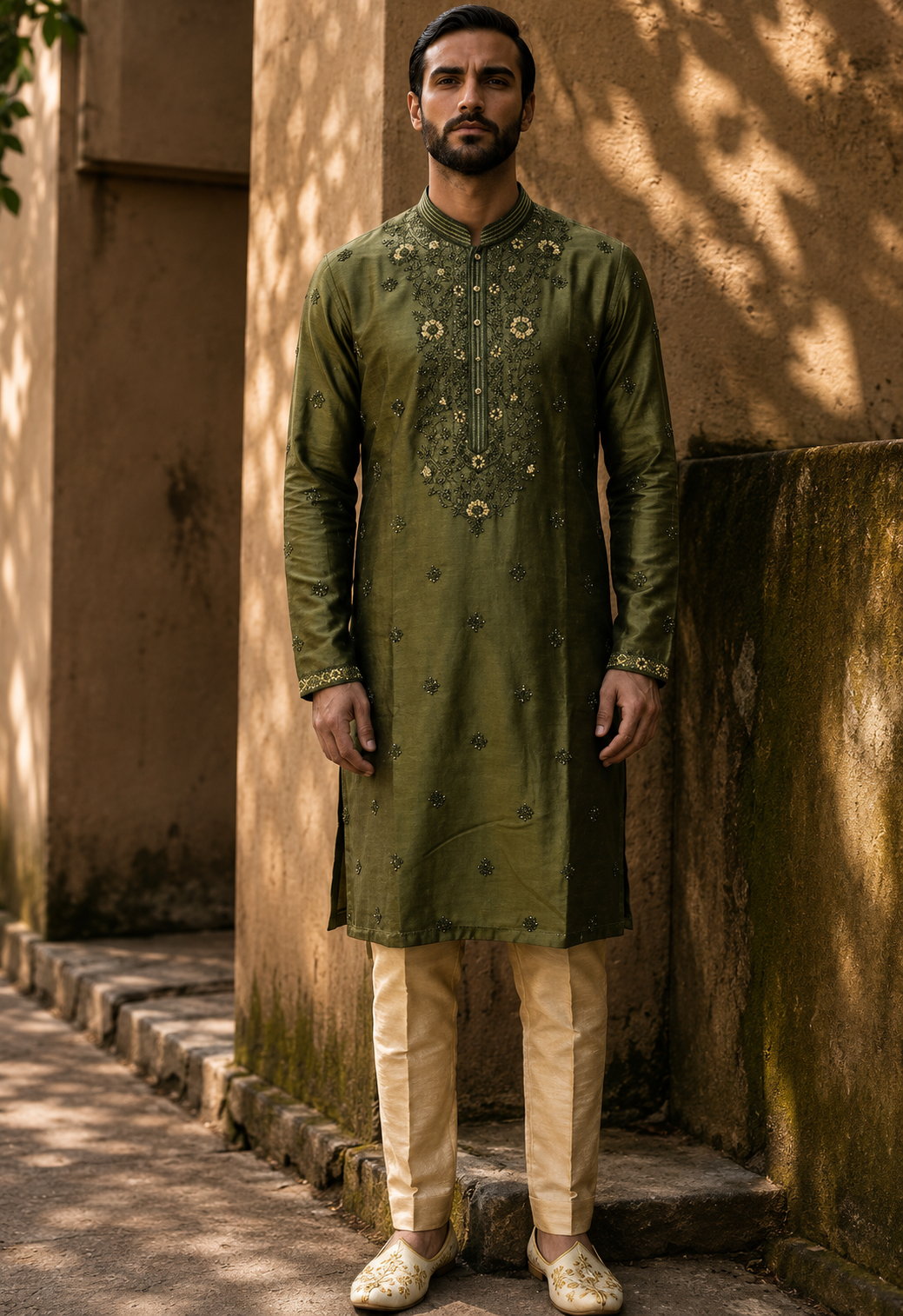 Olive Green Zari Embroidered Kurta Set