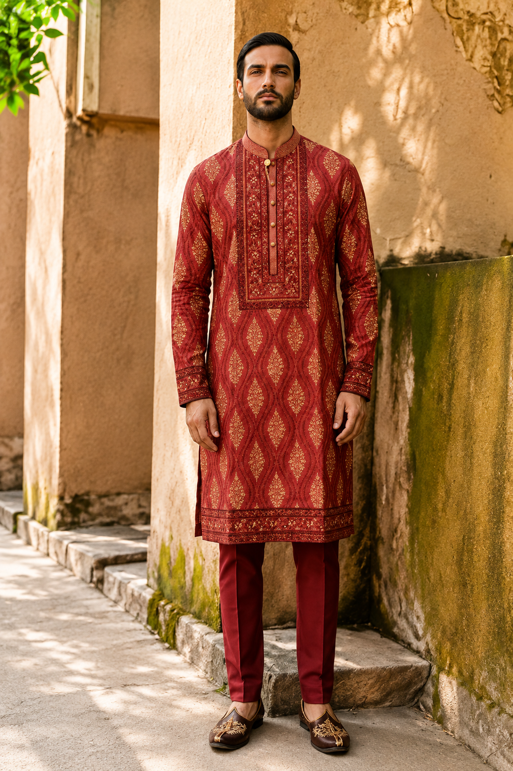 Maroon Gold Thread Embroidered Kurta Set