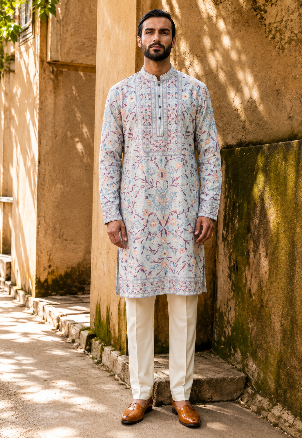 Ice Blue Floral Embroidered Kurta Set