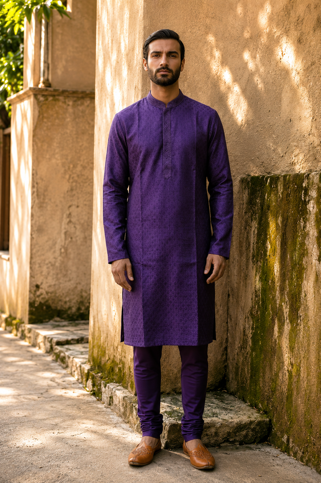 Royal Purple Self-Woven Kurta Set