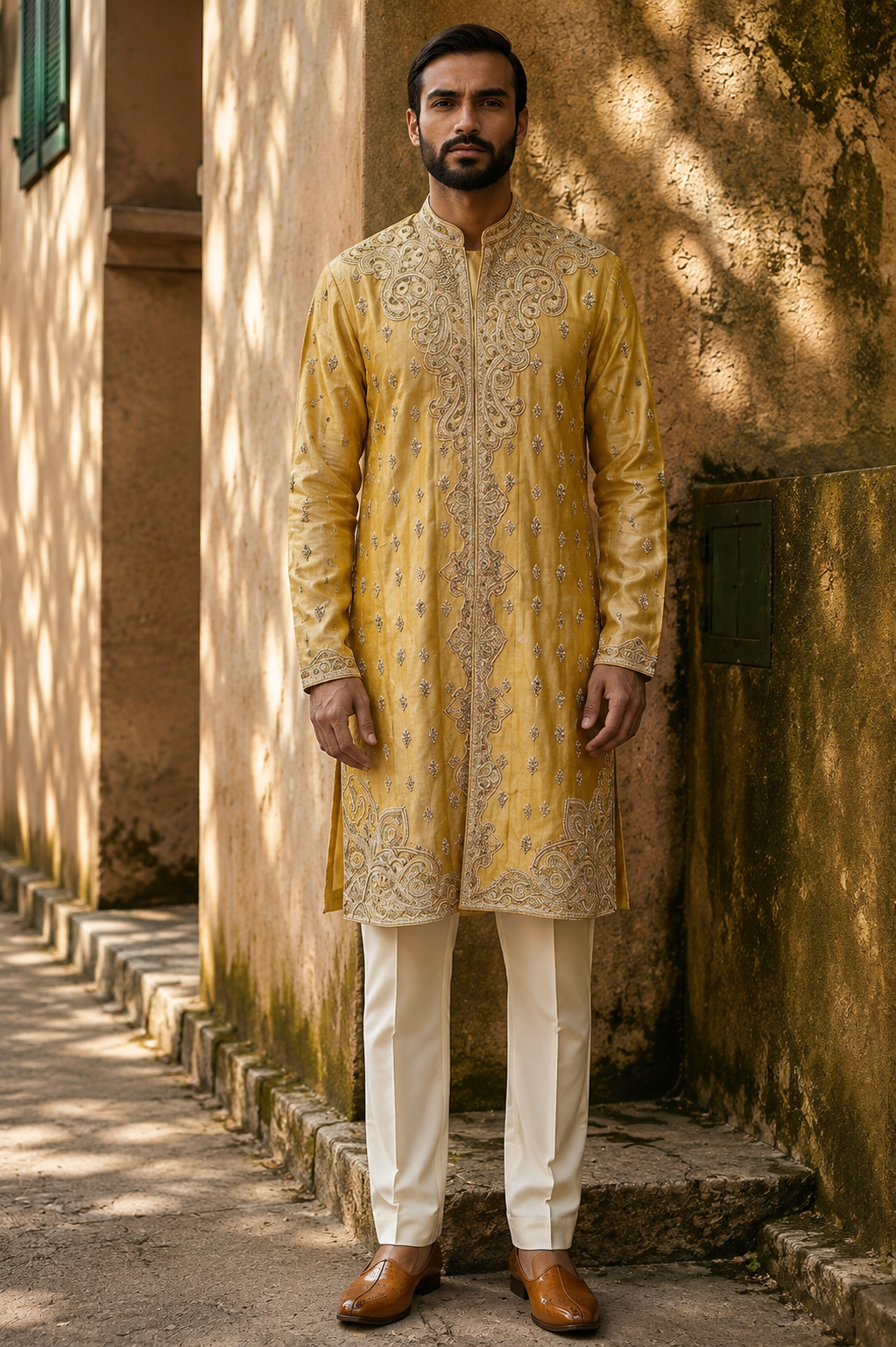 Yellow Golden Embroidered Tissue Kurta Set
