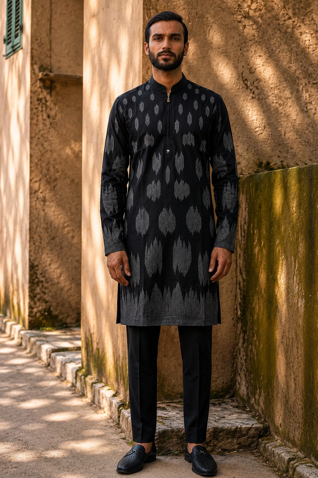 Black Ikat-Woven Zip-Neck Kurta Set