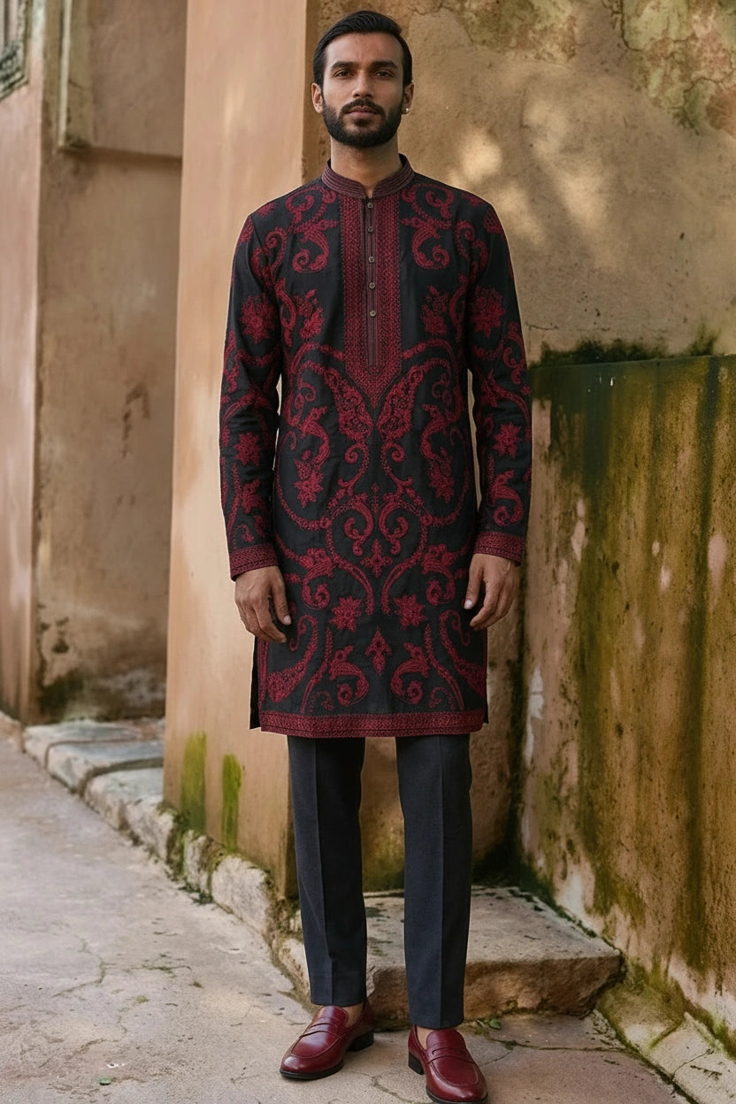 Black Red-Thread Embroidered Kurta Set