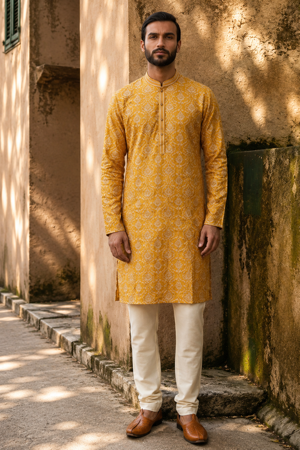 Bright Yellow Self-Woven Jacquard Kurta Set
