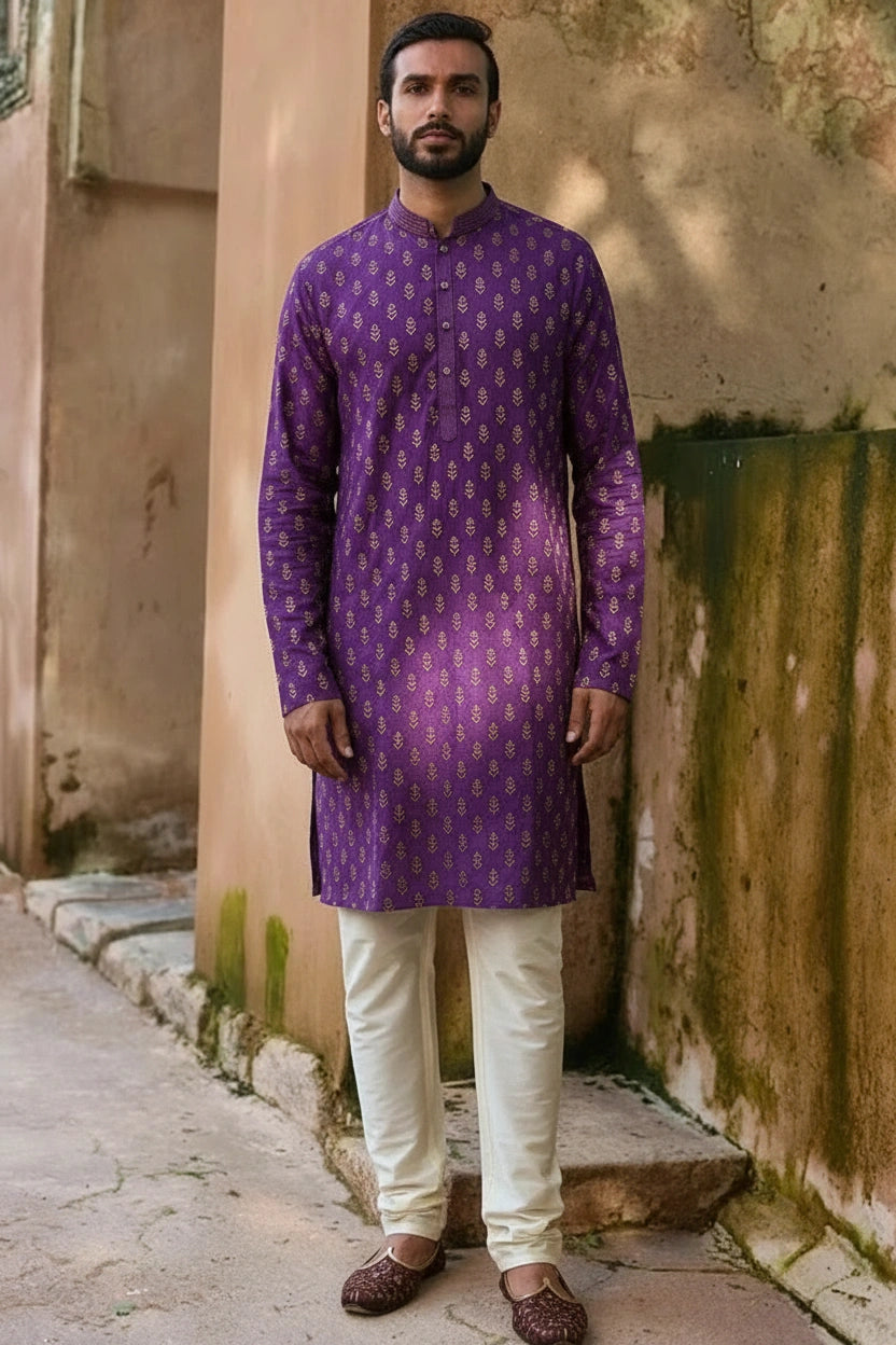 Royal Purple Self-Woven Floral Kurta Set